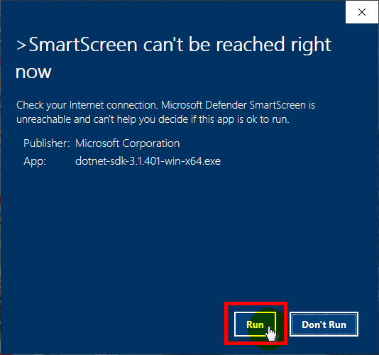 SmartScreen can't be reached right now Window