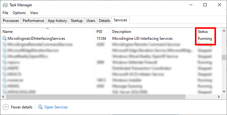 MicroEngineLIDInterfacingServices Status Shown as Running