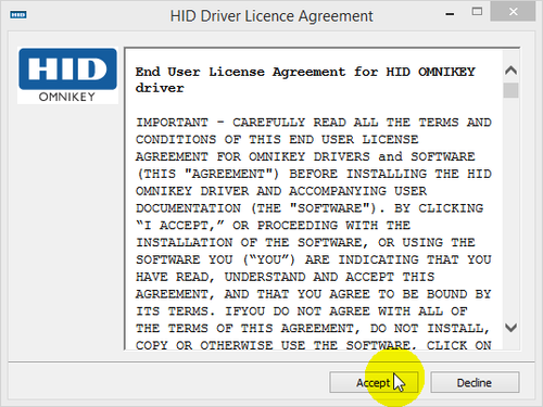HID Driver License Agreement Window