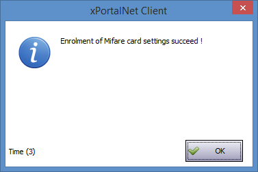 Enrolment of Mifare Card Settings Succeed Window
