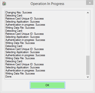 Operation in Progress Window Showing that the Mifare Card Programming is Completed