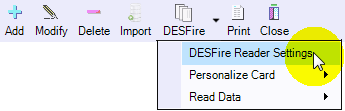 DESFire Reader Settings Button in DESFire Icon