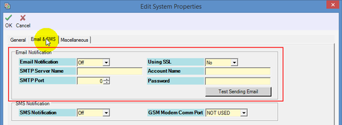 Email and SMS Tab in Edit System Properties Window