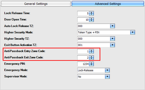 AntiPassback Entry and Exit Zone Code Settings