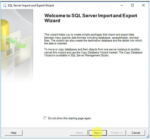 Server Import and Export Wizard Window