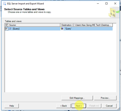 Select Source Tables and Views Window