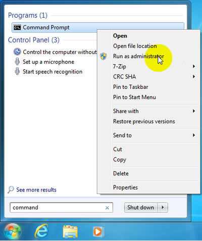 Run Command Prompt as Administrator in Windows 7