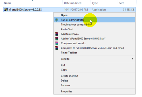 Running xPortal3000 Server Installer File as Administrator