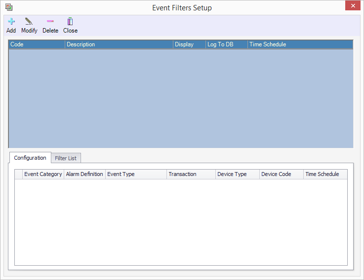 Event Filters Setup Window