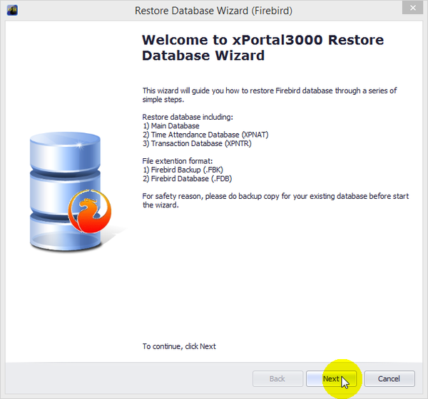 Restore Database Wizard Window