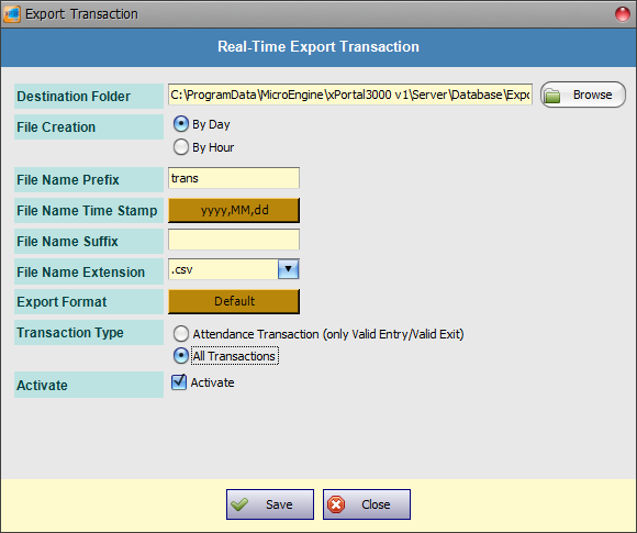 Real-Time Export Transaction Window