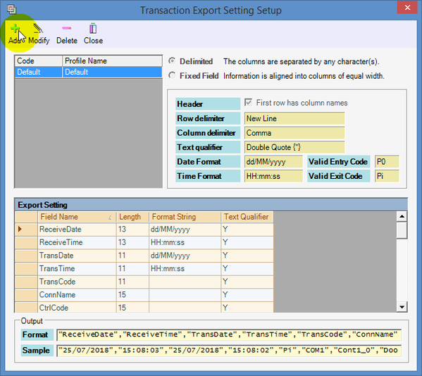 Transaction Export Setting Setup Window