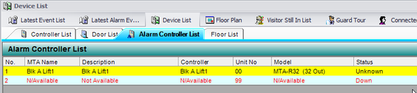 Alarm Controller List Under Device List tab