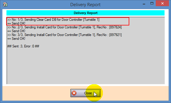 Delivery Report Window with Clear Card DB as the First Command