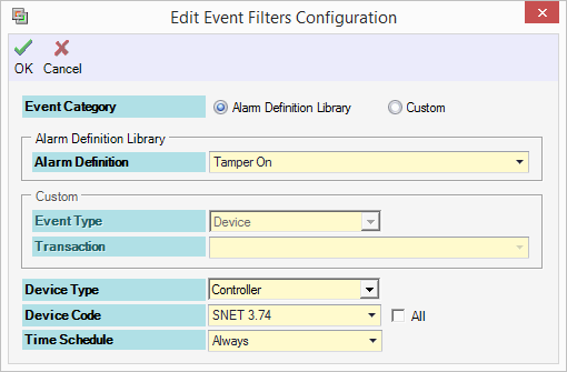 Event Filters Configuration Window