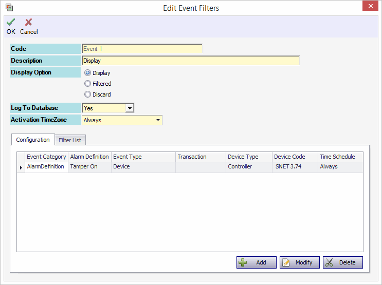 Add Event Filters WIndow