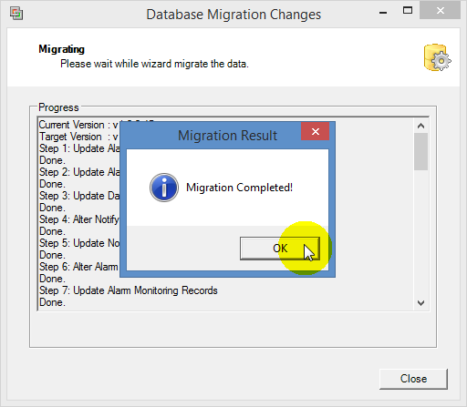 Migration Result Window after Database Migration is Completed