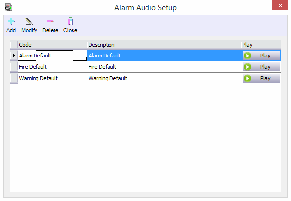 Alarm Audio Setup Window