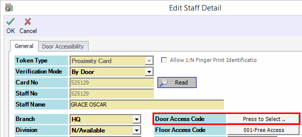 Assign Door Access Code to Staff Profile