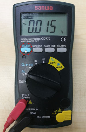 Pressing SELECT to change voltage mode to measure AC voltage