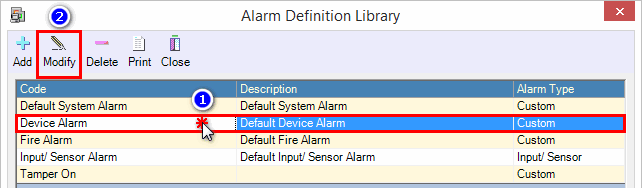 Alarm Definition Library window