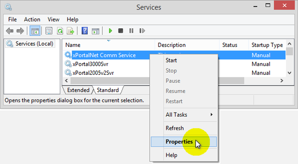Selecting Properties in the Services Window