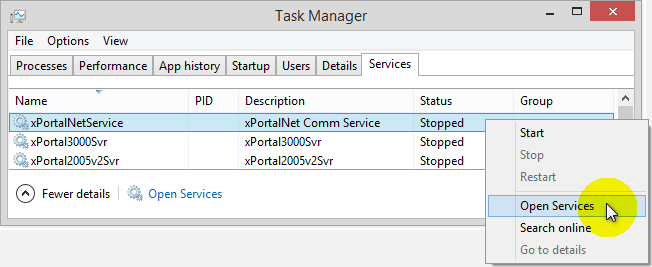 Selecting Open Services at the xPortalNetService Component