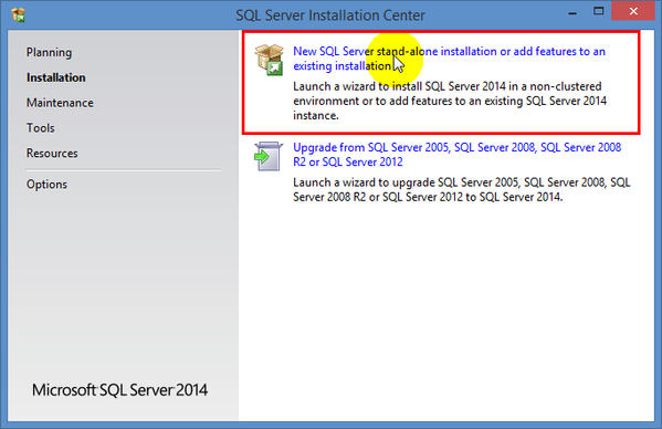 SQL Server Installation Center Window under Installation Tab
