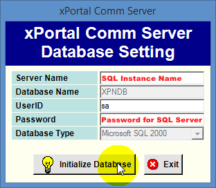 xPortal Comm Server Database Setting Window