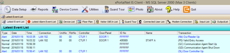 Latest Event List Window in xPortalNet Server