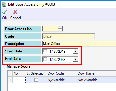Start and End Date Fields in Edit Door Accessibility Window