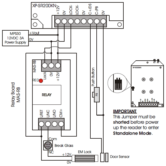 Wiring Diagram for XP-SR200KN Controller to Door Accessories Using MAS-RB for Standalone Mode