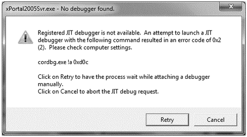 Registered JIT debugger is not available Error Message