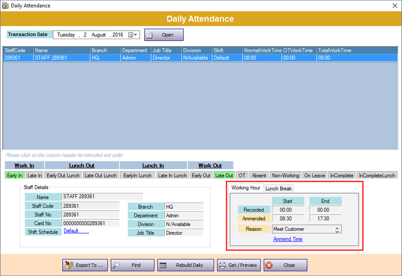 The Daily Attendance Window Showing the Post Amended Attendance Time