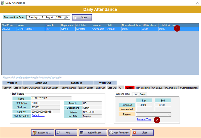 Selecting Staff Attendance Entry and Clicking Amend Time