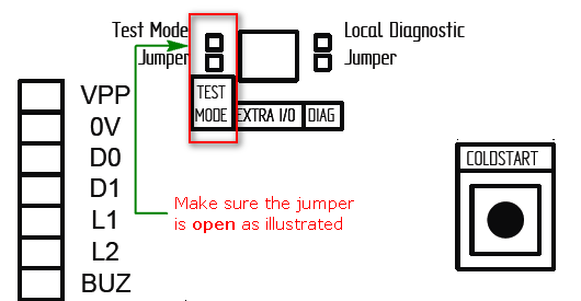 Test Mode Jumper on XP-M1000i or XP-M1300i Controller
