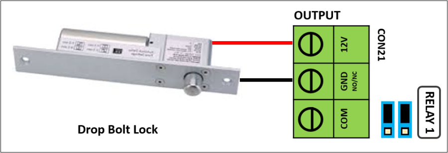 Wiring Diagram for Wet Contact Output (Drop Bolt Lock) with Normally Closed Contact Type