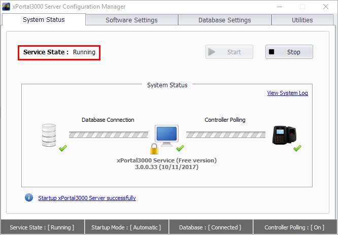 xPortal3000 Server Configuration Manager Showing Service State as Running