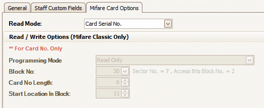 Read Mode Field in Mifare Card Options Tab