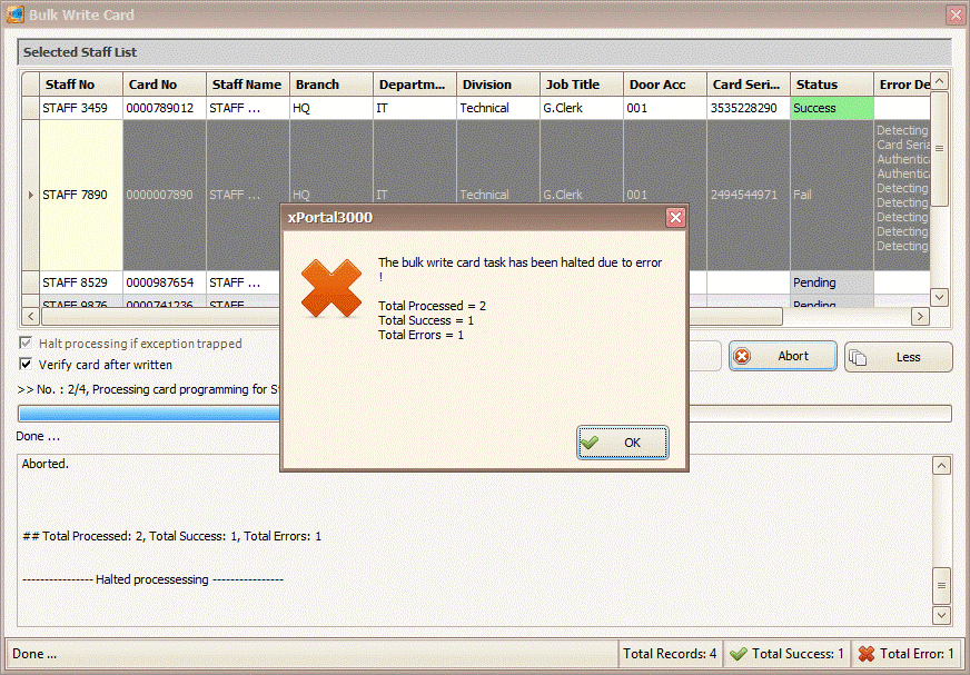 The bulk write card task has been halted due to error Message