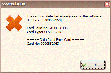 The card no. detected already exist in the software database Message
