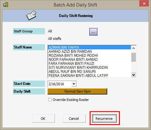 Recurrence Button on the Batch Add Daily Shift Window