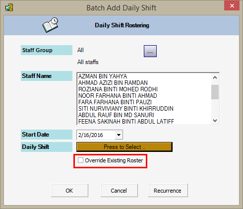 Override Existing Roster Checkbox in Batch Add Daily Shift Window