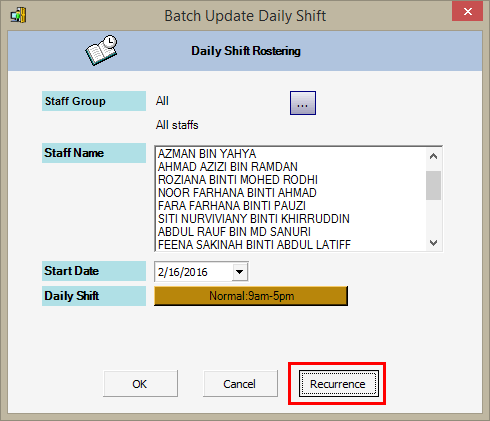 Recurrence Button in Batch Update Daily Shift Window
