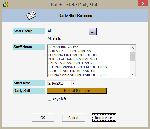 Recurrence Button in Batch Delete Daily Shift Window