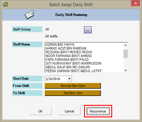 Recurrence Button in Batch Update Daily Shift Window