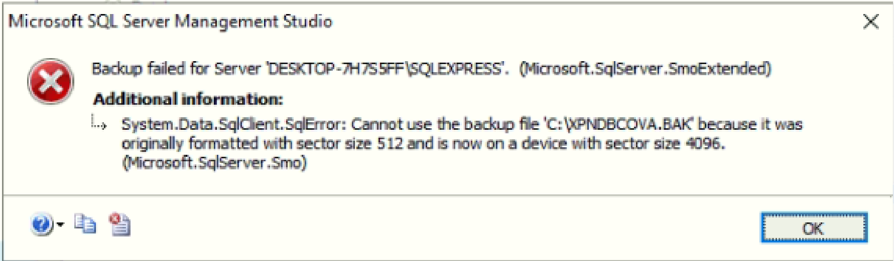 Backup Failed for Server Error Message
