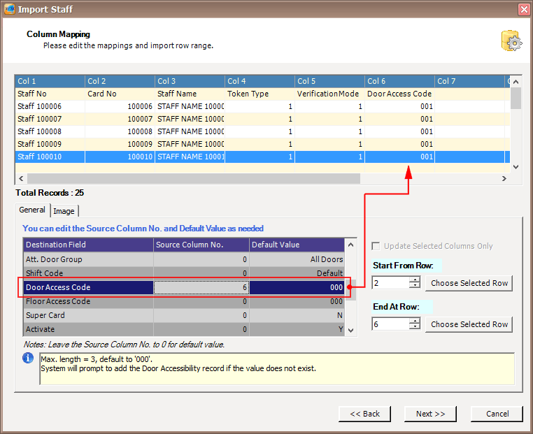 Editing Door Access Code for Staff 100010 in the Column Mapping Window
