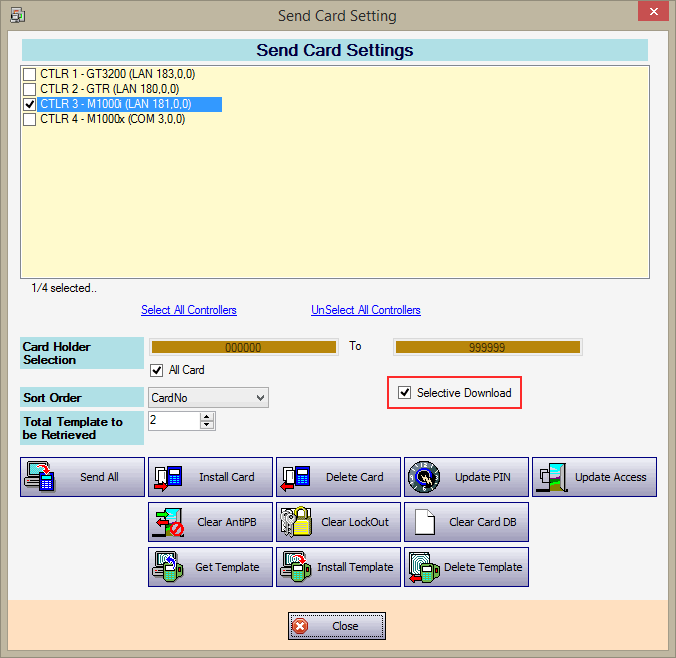 Send Card Setting Window with Selective Download Tickbox